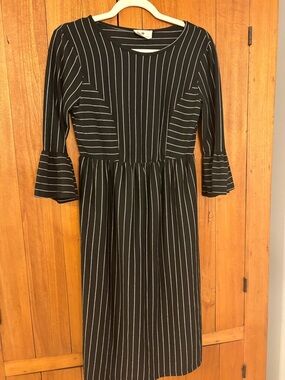 Black Pinstripe Midi Dress with Bell Sleeves
